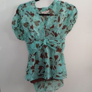 Half sleeve sheer blouse aqua blue and brown floral print with brown tank top